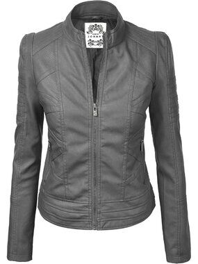 〽️Women's Grey Faux Leather Stitching Long Sleeve Zip Up Moto Biker Jackets